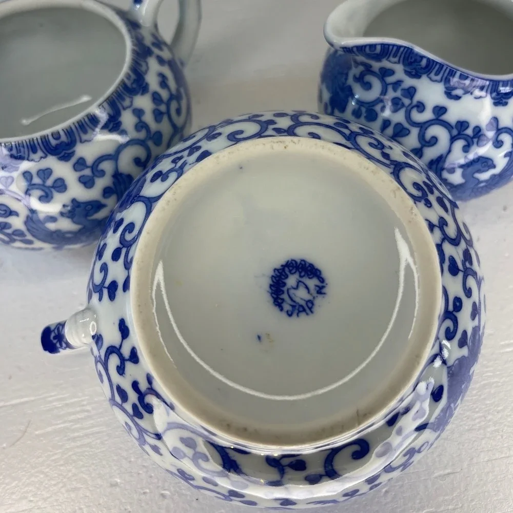 Vintage Blue‎ White Flying Phoenix Porcelain Creamer Sugar Set Japan 3 Piece